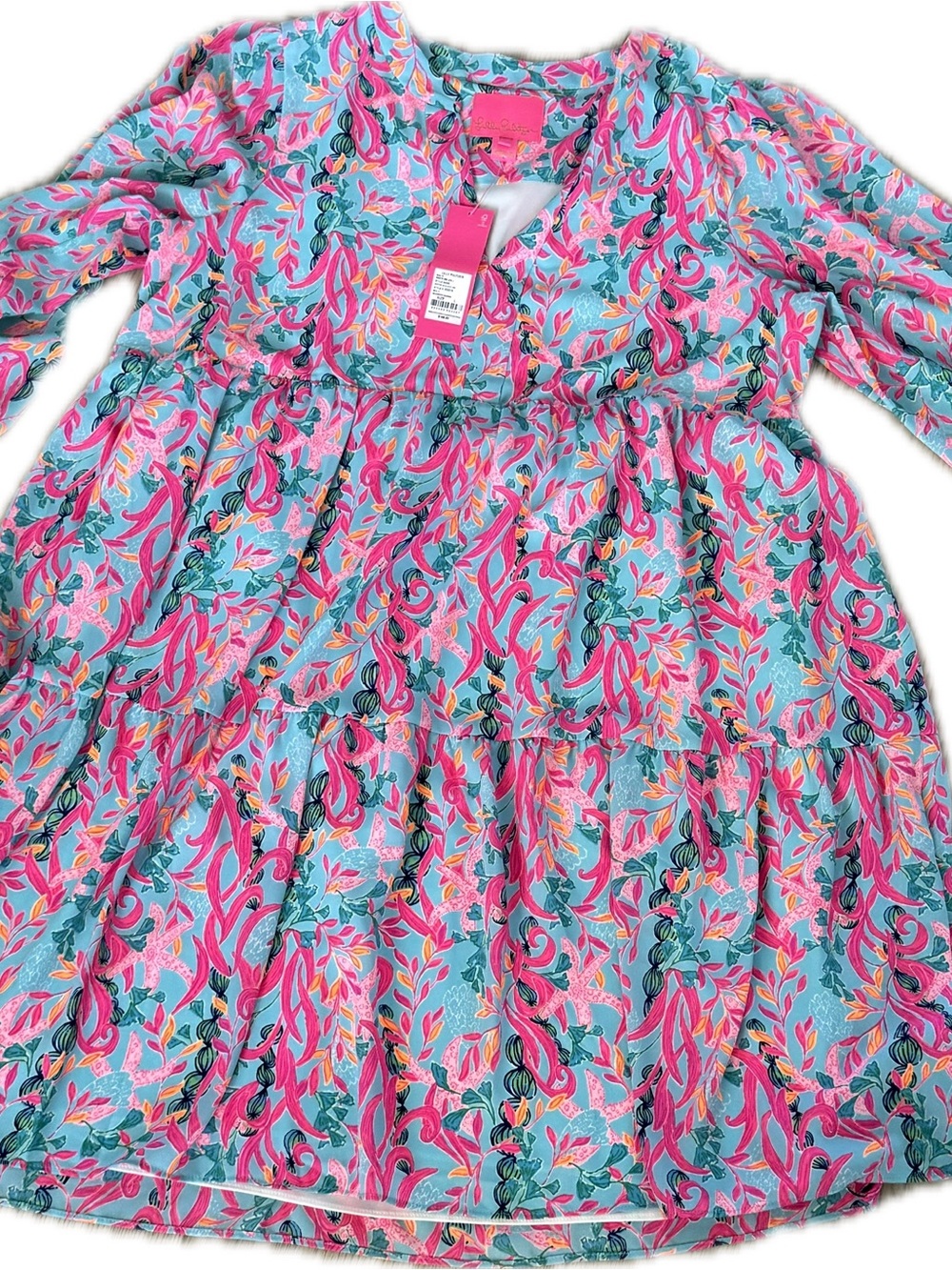 Lilly Pulitzer, NWT  Vibrant Aqua & Fuchsia seaweed samba Shift Dress 👗 sz L - Picture 4 of 4